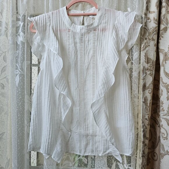 Club Monaco Ruffle Front Top, S, White - Picture 3 of 11